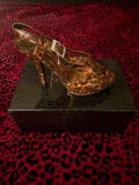 Baby Phat Leopard-Print Brown Slingback Heels with Rhinestone Buckle